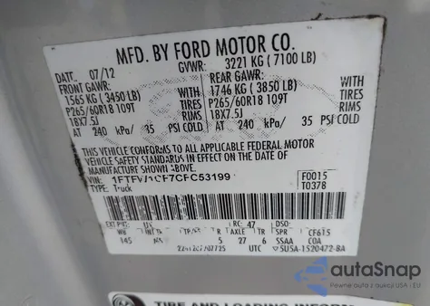 2012 Ford F-150 Xlt из США, поврежденный, VIN 1FTFW1CF7CFC53199